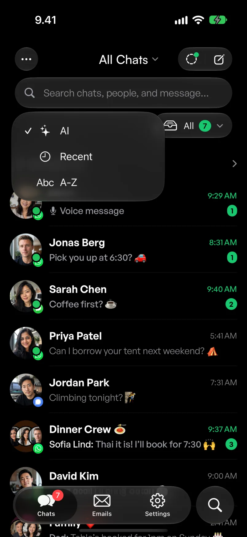 The sort menu in Chesly with AI checked, over chats from Mom, Jonas Berg and Sarah Chen