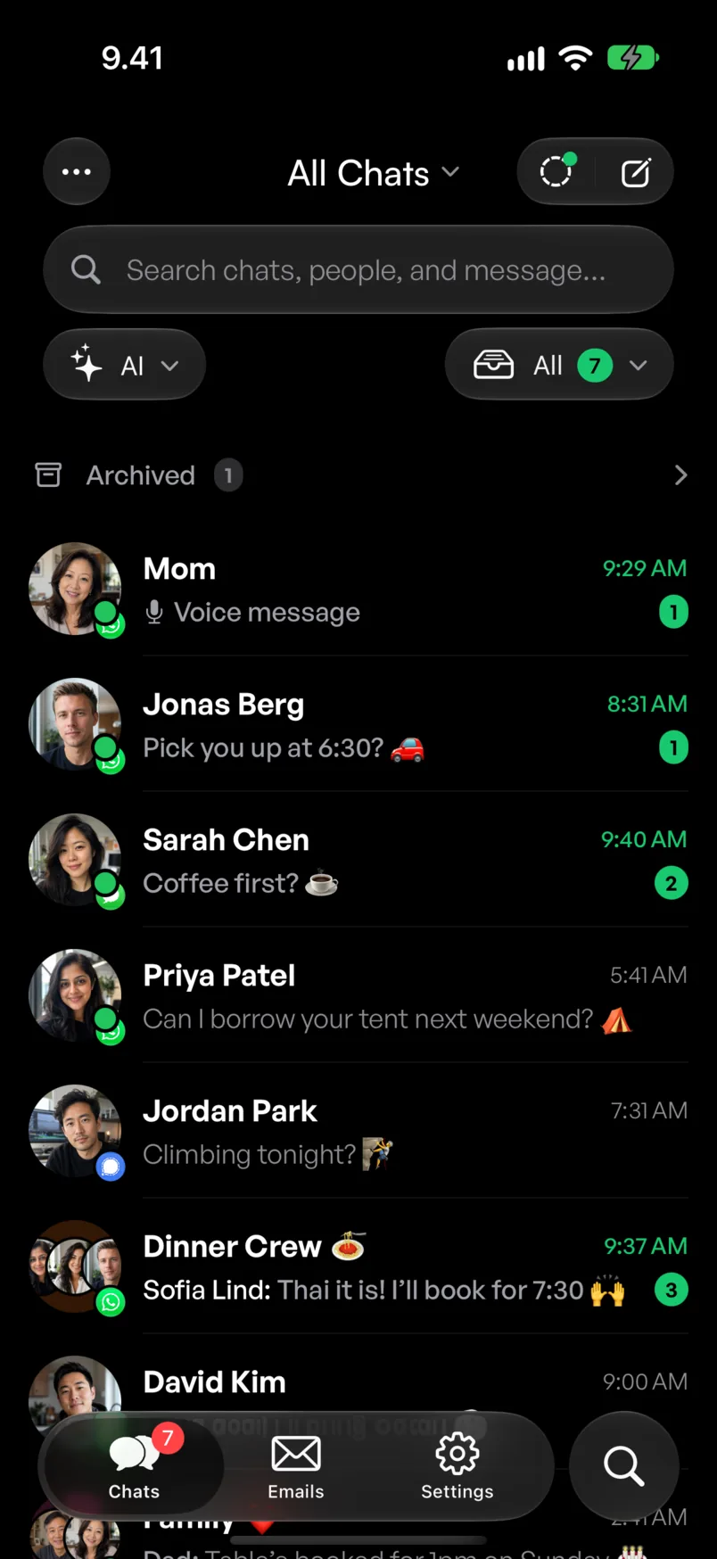 The Chesly inbox under AI sort, with Mom, Jonas Berg and Sarah Chen first