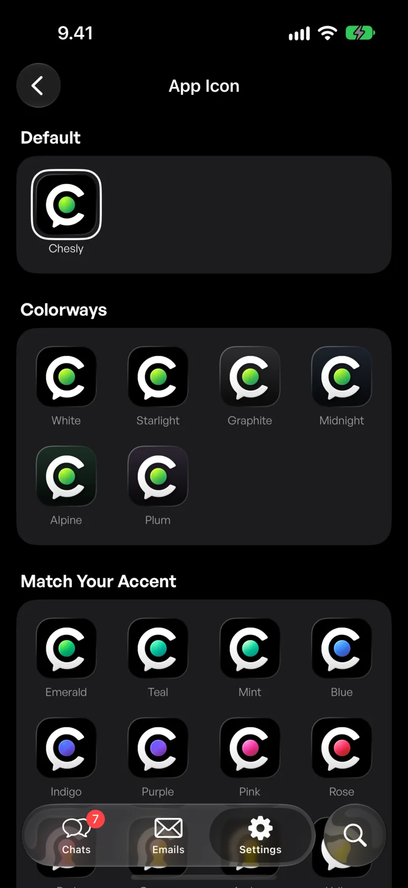 The App Icon page in Chesly, with colorways and icons that match your accent