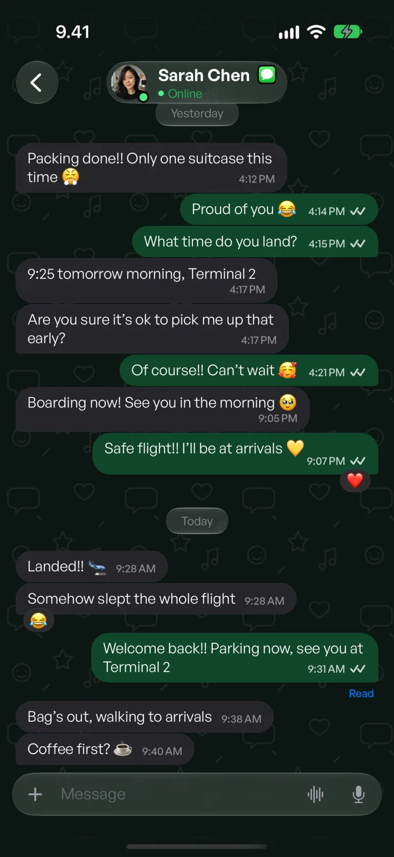 Sarah Chen’s chat in Chesly on a sage background with a pattern