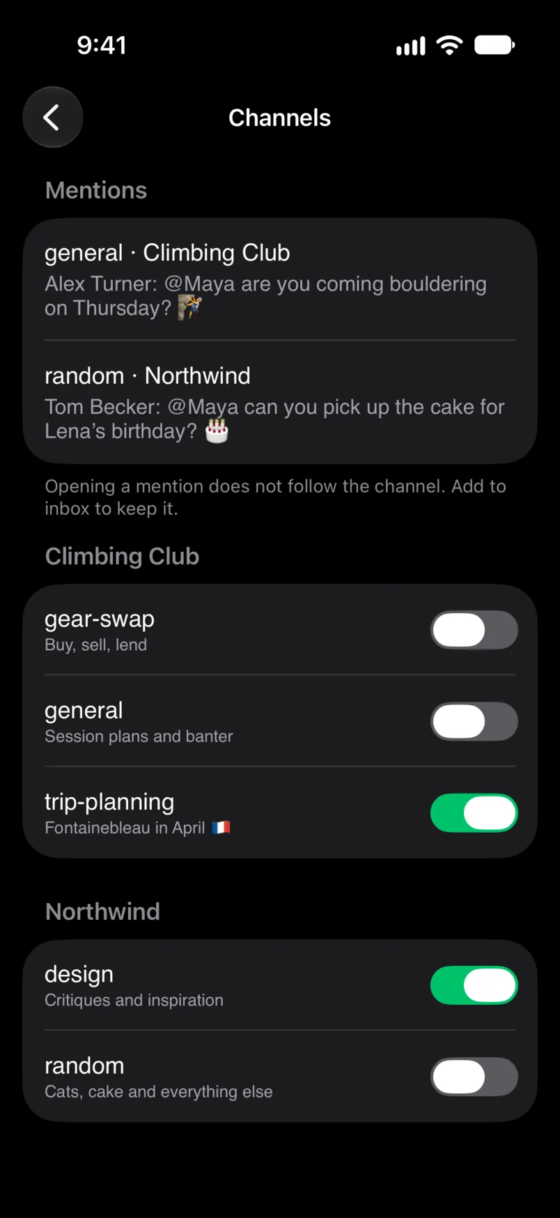 The Channels page in Chesly, with Mentions from Discord and Slack and a switch to add each channel to the inbox