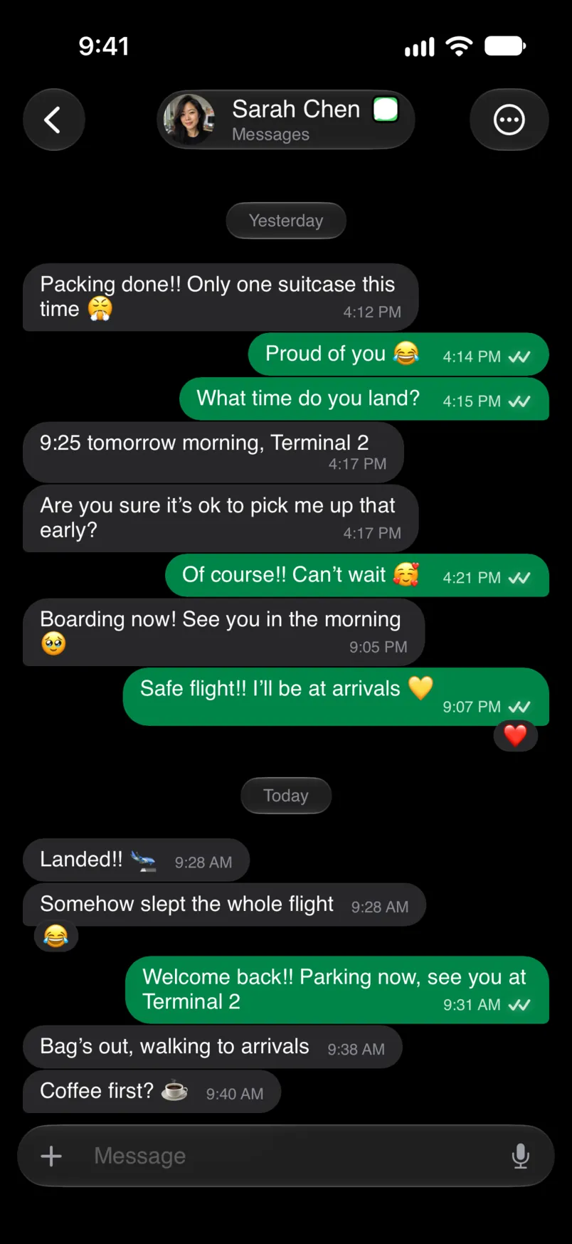 An iMessage conversation with Sarah Chen in Chesly, with tapbacks on two messages