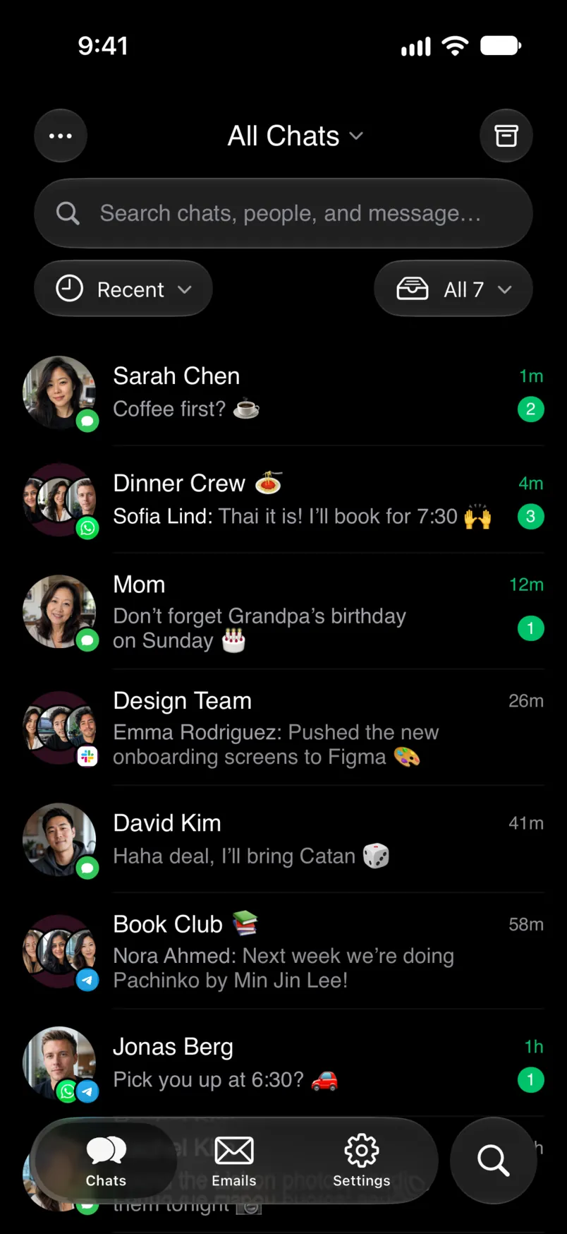 The Chesly inbox on iPhone, with iMessage chats from Sarah Chen, Mom and David Kim next to WhatsApp, Slack and Telegram chats
