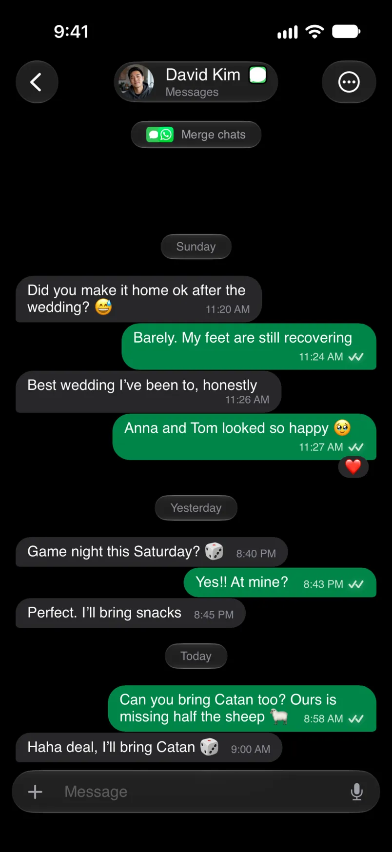 The Merge chats suggestion at the top of David Kim’s iMessage chat