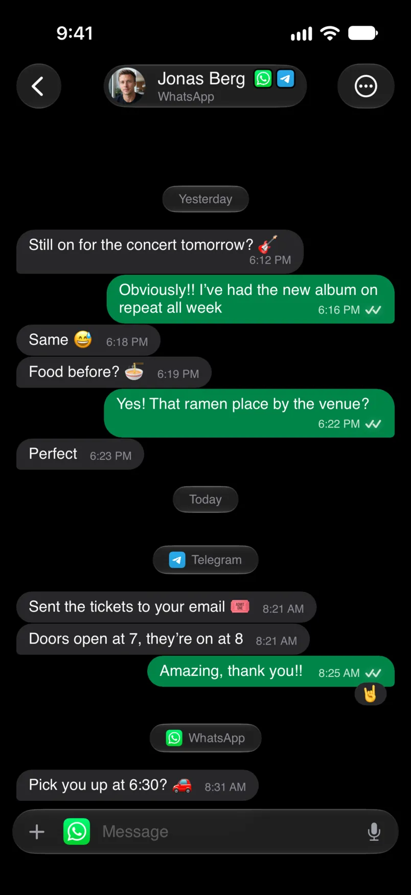 Jonas Berg’s WhatsApp and Telegram chats merged into one conversation