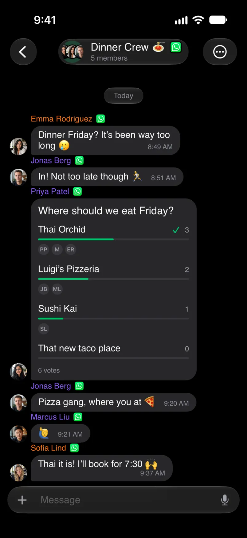 A WhatsApp group poll in Chesly: Where should we eat Friday?