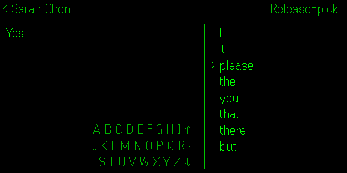 Typing on the glasses: the draft reads “Yes”, and the light rests on “please” among the next words