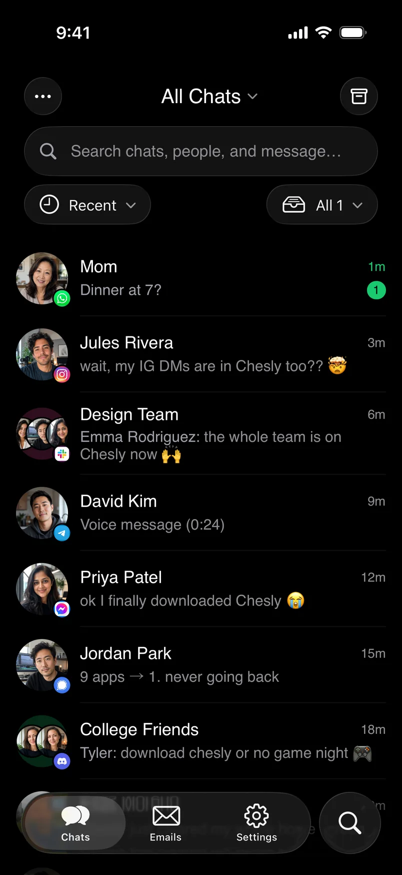 Chesly on iPhone: one inbox with chats from WhatsApp, Instagram, Slack, Telegram, Messenger, Signal, and Discord